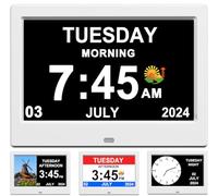 Alarm Clock with Day and Date for Elderly, Digital Calendar, Photo Frame, Automatic Dimmable Display, 15 Alarm Options (7 inch White)