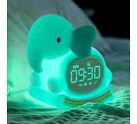 Alarm Clock with Night Light for Kids, Sleep Training Clock with Sound Machine, Rechargeable Silicone OK to Wake Clock，Cute Animal Tabletop Lamp, Perfect Sleep Companion for Boys Girls, Green Elephant