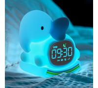 Alarm Clock with Night Light for Kids, Sleep Training Clock with Sound Machine, Rechargeable Silicone OK to Wake Clock，Cute Animal Tabletop Lamp, Perfect Sleep Companion for Boys Girls, Blue Elephant