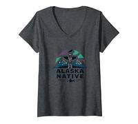 Alaska Native: Totem Spirit Mountains Wildlife Heritage V-Neck T-Shirt, Women, Dark Heather Grey, XXL