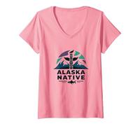Alaska Native: Totem Spirit Mountains Wildlife Heritage V-Neck T-Shirt, Women, Pink, S