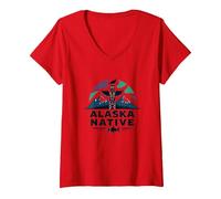 Alaska Native: Totem Spirit Mountains Wildlife Heritage V-Neck T-Shirt, Women, Red, L