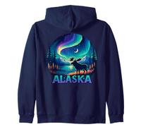 Alaska Northern Lights Aurora Viewing Alaska Vacation Moose Zip Hoodie