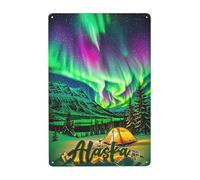 Alaska Retro Metal Wall Art Sign - Rustic Vintage Northern Lights & Mountain Landscape Design, Durable Iron Garage Bar Kitchen Office Decor, 8x12 Inch No Electricity Needed, Nordic Home Decor