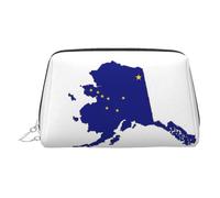 Alaska State Flag Map Print Leather Cosmetic Pouch, Leather Makeup Bag for Purse with Top Zip Closure Stylish Toiletry Bag