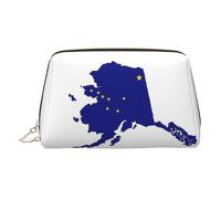 Alaska State Flag Map Print Premium Leather Toiletry Travel Pouch with Waterproof Portable Pouch Open Flat Makeup Bag