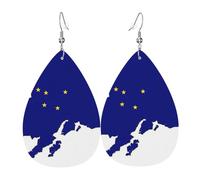 Alaska state Flag Map Printed Dangle Leather Earrings, Reversible Statement Jewelry with Silver Plated Hooks