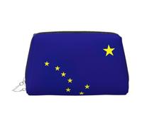 Alaska State Flag Print Leather Cosmetic Pouch, Leather Makeup Bag for Purse with Top Zip Closure Stylish Toiletry Bag