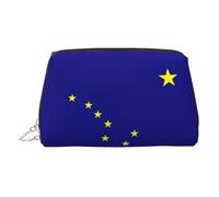 Alaska State Flag Print Leather Cosmetic Pouch, Leather Makeup Bag for Purse with Top Zip Closure Stylish Toiletry Bag