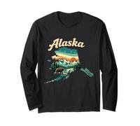 Alaska State Sunset Mountain Landscape Bear Scene Long Sleeve T-Shirt