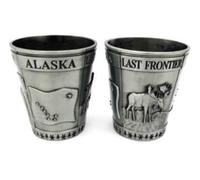 Alaska Zinc Alloy 3D Shot Glass Antique - Moose, Bear, Map, and Flag (Pewter)