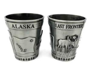Alaska Zinc Alloy 3D Shot Glass Antique - Moose, Bear, Map, and Flag (Pewter)