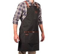 Alaskan MAKER Premium Coated Cotton and Genuine Leather Work Apron N°547 - Ultra Comfortable Crossed Straps - Unisex & Universal Size, Black, One size