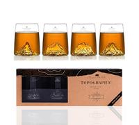 Alaskan MAKER Set of 4 Shot Glasses 6.5 cl Made of High Quality Crystalline Glass, Hand Blown with Mountains Embossed | Tulip Shape | TOPOGRAPHIC (Swiss Mountains)