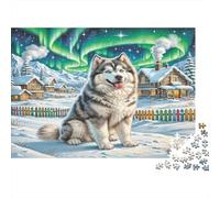 Alaskan Malamute 1000 Piece Premium Paper Jigsaw Puzzle Seniors Adults Husky in Snow with Aurora Stress Relief Mental Stimulation Sustainable Eco-Friendly Home Decoration Leisure 38x26cm/1000pcs