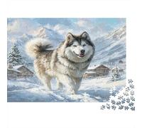 Alaskan Malamute Paper Husky Running in Snowy Village with Mountains Jigsaw Puzzle Boredom Buster Collectible Gift 38x26cm/1000pcs