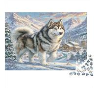 Alaskan Malamute Sturdy Paper Husky Walking in Snowy Mountain Town Jigsaw Puzzle Educational Family Activity 38x26cm/1000pcs