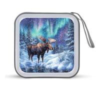 Alaskan Moose with Aurora Borealis Funny CD Holder DVD Binder Hard Plastic Protective Case with Lanyard Portable Wallet Storage Organizer for Home Car 40 CD