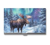 Alaskan Moose with Aurora Borealis Novelty Business Card Holders Slim Metal Credit Name Cards Case Wallet Organizer for Men Women 3.7" X 2.2" X 0.3"