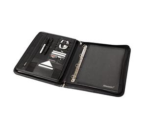 Alassio 31517-2-in-1 Organiser and Expanding Folder DIN A4 with 6 Compartments Imitation Leather Meeting Folder Writing Folder with Ring Mechanism Document Folder Approx. 36.5 x 29 x 5.5 cm Black