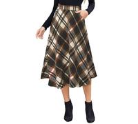 Alaster Queen Womens Long Plaid Skirt Ladies Midi High Elastic Waist Winter Pockets Skirts Brown