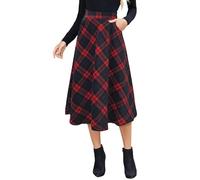 Alaster Queen Womens Long Plaid Skirt Ladies Midi High Elastic Waist Winter Pockets Skirts Red