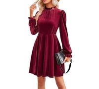 Alaster Queen Womens Velvet Evening Dress Ladies Long Sleeve Wedding Elastic Waist Party Cocktail Dress Wine Red