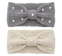 Alasum 2pcs Warm Woolen Winter Headbands for Women with Pearl Bowknot, Cable Knit Design, Comfortable and Stylish Ear Warmers for Outdoor Activities and Casual Wear
