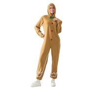 Alaurbeauty Gingerbread Man Costume for Kids Adult Gingerbread Christmas Hooded Jumpsuit Outfit for Boy Men Cosplay Onesie Footies Romper (Brown Women, L)