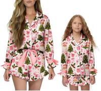 Alaurbeauty Mommy and Me Christmas Sajamas 2 Piece Set - Satin Silk Bow Tie Long Sleeve & Ruffle Shorts, Y2K Matching Family Pajamas (Women, S, Multi)