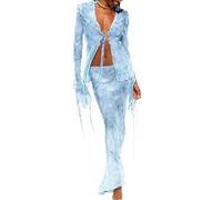 Alaurbeauty Women’s 2 Piece Summer Dress Outfits Long Sleeve Tie-up Front Sheer Mesh Tops Bodycon Long Maxi Skirt Set Y2k Streetwear (Blue, S)