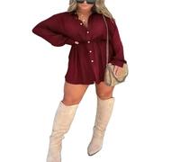 Alaurbeauty Women Silk Satin Covered Nights Romper Dress Casual Long Sleeve Button Down Bodysuit Shirt Dress Shorts Set Streetwear (Wine Red, XL)