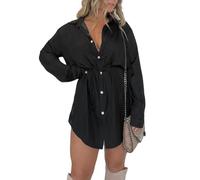 Alaurbeauty Women Silk Satin Covered Nights Romper Dress Casual Long Sleeve Button Down Bodysuit Shirt Dress Shorts Set Streetwear (Black, M)