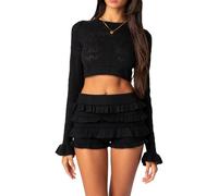 Alaurbeauty Women Y2k 2 Piece Outfits Long Sleeve Knit Crop Sweater Top with Knitted Layered Ruffle Shorts Loungewear Pajamas Set (Black, S)