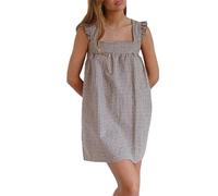 Alaurbeauty Womens Tartan Mini Dress Square Neck Frilled Thick Straps Shoulders Babydoll Smock Dresses Sleeveless Plaid Short Sundresses (Light Brown, M)