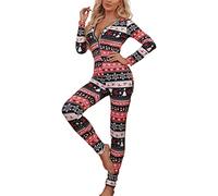 Alaurbeauty Women's Ugly Christmas One Piece Jumpsuit Bodysuit Sexy Bodycon V Neck Pajamas Romper Buttons Onesie Sleepwear Loungewear (Black, M)