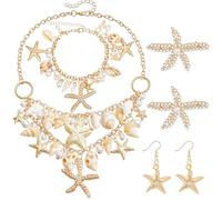 Alaxciax Women Mermaid Costume Jewelry Set, Mermaid Costume Accessories Starfish Conch Seashell Necklace Bracelet Pearls Starfish Hair Clip Earrings Beach Jewelry (Mermaid Costume Jewelry Set)