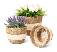 ALAYSTAR 3pcs Wicker Plant Basket with Liner - 3 Sizes Seagrass Woven Natural Planter Baskets for Indoor Outdoor Plants, Flowers & Home Decoration