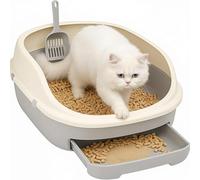 ALAYSTAR Jumbo Cat Litter Tray for Wood Pellets Large Double Layer Sifting Box with Scoop, Semi-Enclosed Design, Easy Clean Drawer System, Anti-Spill Raised Rim, Open Top Pellet Litter Box for Cats &