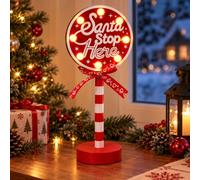 ALAYSTAR LED Santa Stop Here Sign Light Up Christmas Table Decoration | Warm White LED Festive Ornament with Candy Cane Stand, Freestanding Base & Battery Operation for Christmas Home Displays