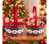 ALAYSTAR Pack of 2 Red Christmas Woven Hamper Baskets with Handles 22cm | Red, Green & Natural woven baskets with carry handles for Christmas, birthday gifts, treats, parties and seasonal home decor
