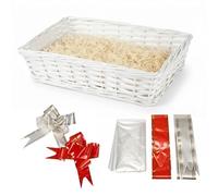 ALAYSTAR Premium White Wicker Gift Hamper Basket Set Create Your Own Christmas Festive Present Includes Rectangle Smooth Basket Ribbon Wood Wool Cellophane Bag Perfect for Xmas Birthdays (WHITE)