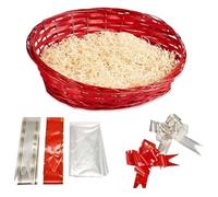 ALAYSTAR Premium Wicker Gift Hamper Basket Kit Create Your Own Festive Present Includes Cellophane Bag Ribbon Wood Wool Reusable Oval White Basket Christmas Birthday Baby Showers (RED)