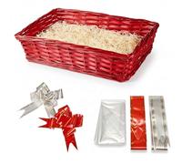 ALAYSTAR Premium Wicker Gift Hamper Basket Set Create Your Own Christmas Festive Present Includes Rectangle Smooth Basket Ribbon Wood Wool Cellophane Bag Perfect for Xmas Birthdays (RED)