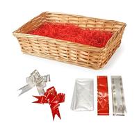 ALAYSTAR Premium Wicker Gift Hamper Basket Set Create Your Own Christmas Festive Present Includes Rectangle Smooth Basket Ribbon Wood Wool Cellophane Bag Perfect for Xmas Birthdays (NATURAL)