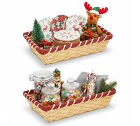 ALAYSTAR Set of 2 Rectangle Wicker Hamper Christmas Basket Handmade Natural Split Bamboo Hampers with Red Decorative Trim Xmas Gift Baskets & Storage Boxes