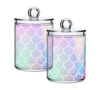 ALAZA 2 Pack Qtip Holder Dispenser for Cotton Ball Rainbow Scales Mermaid Cotton Swab Cotton Round Pads Clear Plastic Acrylic Jar Set Bathroom Canister