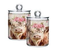 ALAZA 2 Pack Qtip Holder Highland Cow Pink Flower, Cotton Swab Dispenser with Lid Bathroom Containers Canister Organizer Storage Jar