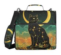 ALAZA 3 Ring Binder Bag, 1.5 Inch D-Rings Easily Organizes 1 Inch Fits Letter Sized Paper, Mystic Black Cat Stars Moon Large 3 Hole Zipper Binder Organizer for School Office Supplies