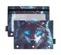 ALAZA Blue Eyed Wolf 3 Ring Binder Pouch Zipper Pencil Case 2 Pack Pen Stationery Bag with Clear Window for Kids School Office
